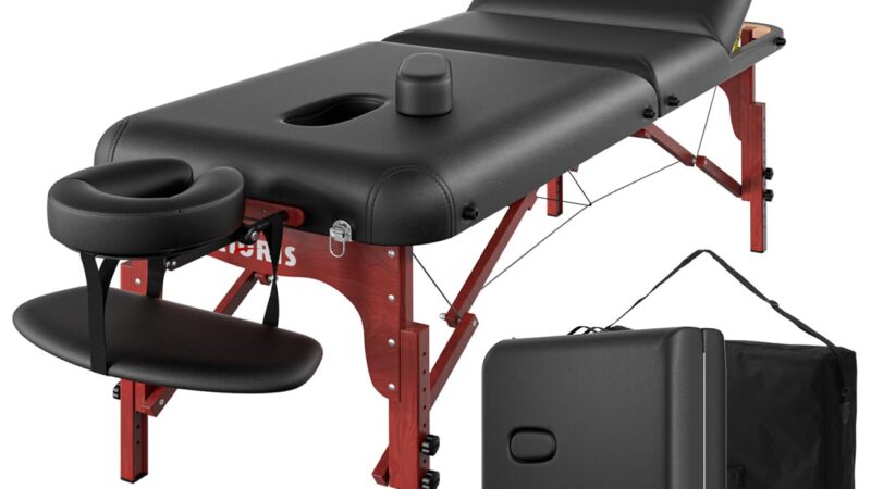 CLORIS 84 inches Professional Massage Table Portable 3 Folding Lightweight Facial Salon Spa Tattoo Bed Height Adjustable with Carrying Bag & Wooden Leg Hold Up to 1100LBS