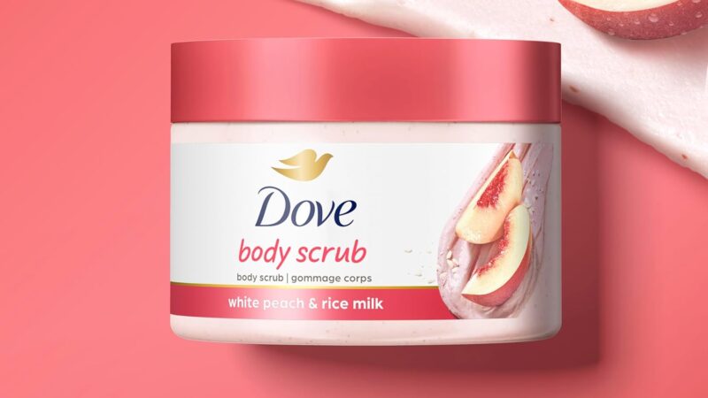 Dove Body Scrub Exfoliate & Nourish – White Peach & Crushed Rice 3 Count for Visibly Silky-Smooth, Nourished Skin, with ¼ Moisturizing Cream, 10.5 oz