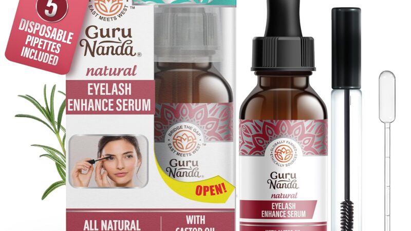 GuruNanda Natural Castor Oil Eyelash Enhance Serum with Rosemary Oil – Brush Applicator & 5 Pipettes, Helps Natural Hair Growth for Eyebrows & Beards, 2 Fl Oz
