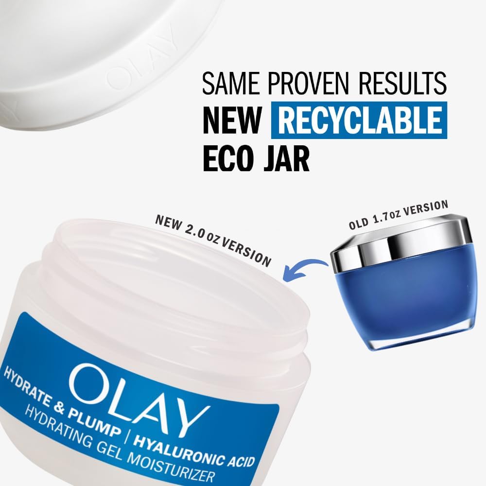 Olay Plump & Hydrate Hyaluronic Gel Face Moisturizer, 2 oz Fragrance Free Hydrating Gel Moisturizer for Dry Skin with Hyaluronic Acid and Niacinamide, Recyclable Eco Jar Packaging Olay Plump & Hydrate Hyaluronic Gel Face Moisturizer, 2 oz Fragrance Free Hydrating Gel Moisturizer for Dry Skin with Hyaluronic Acid and Niacinamide, Recyclable Eco Jar Packaging