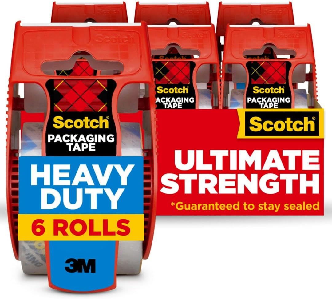 Scotch Heavy Duty Shipping and Moving Packing Tape, Clear, Packing and Moving Supplies, 1.88 in. x 22.2 yd., 6 Tape Rolls with Dispensers Scotch Heavy Duty Shipping and Moving Packing Tape, Clear, Packing and Moving Supplies, 1.88 in. x 22.2 yd., 6 Tape Rolls with Dispensers