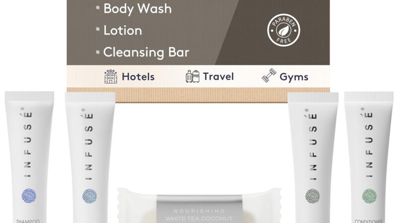 Infuse Pure White Tea and Coconut Hotel Soaps and Toiletries Bulk Set | 1-Shoppe All-In-Kit for Airbnb | 1oz Shampoo & Conditioner, Body Wash, Lotion & 1.25oz Bar Soap | Travel Size 150 Pieces