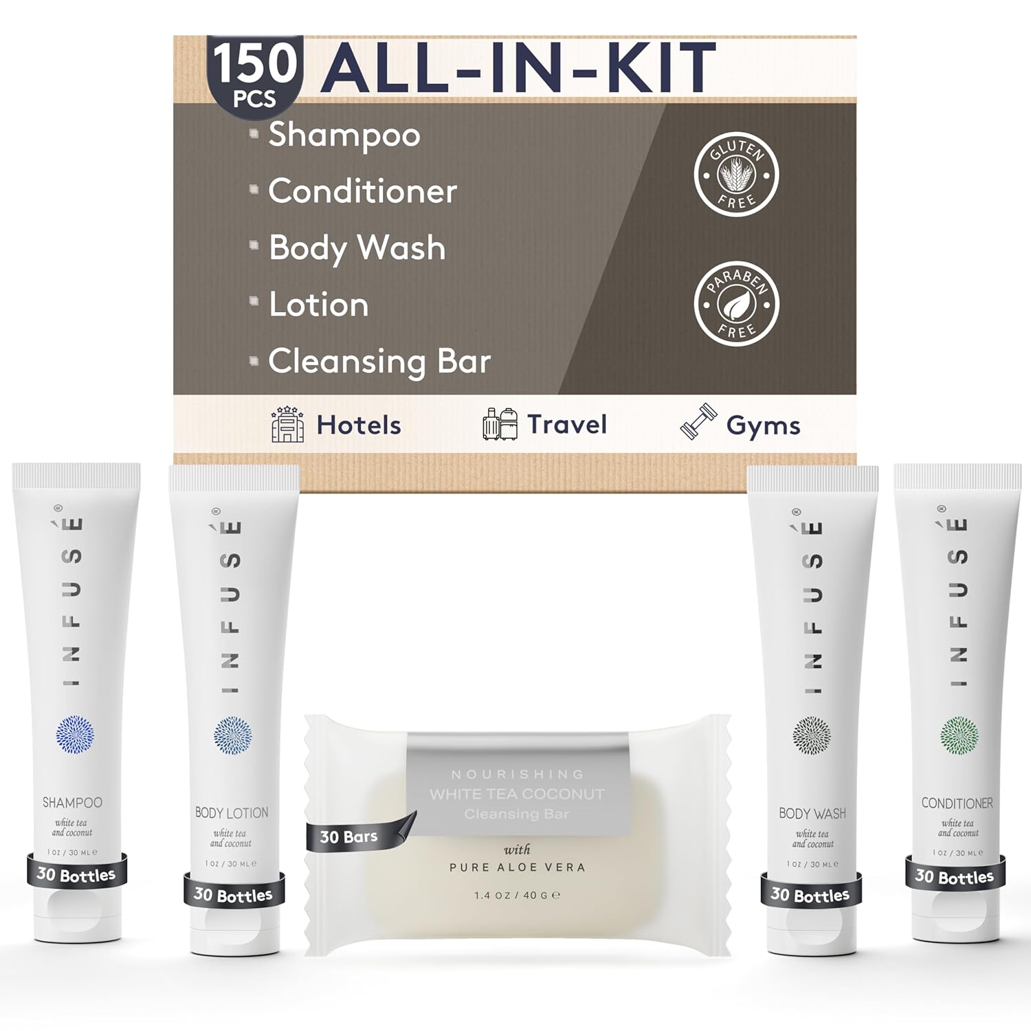 Infuse Pure White Tea and Coconut Hotel Soaps and Toiletries Bulk Set | 1-Shoppe All-In-Kit for Airbnb | 1oz Shampoo & Conditioner, Body Wash, Lotion & 1.25oz Bar Soap | Travel Size 150 Pieces Infuse Pure White Tea and Coconut Hotel Soaps and Toiletries Bulk Set | 1-Shoppe All-In-Kit for Airbnb | 1oz Shampoo & Conditioner, Body Wash, Lotion & 1.25oz Bar Soap | Travel Size 150 Pieces