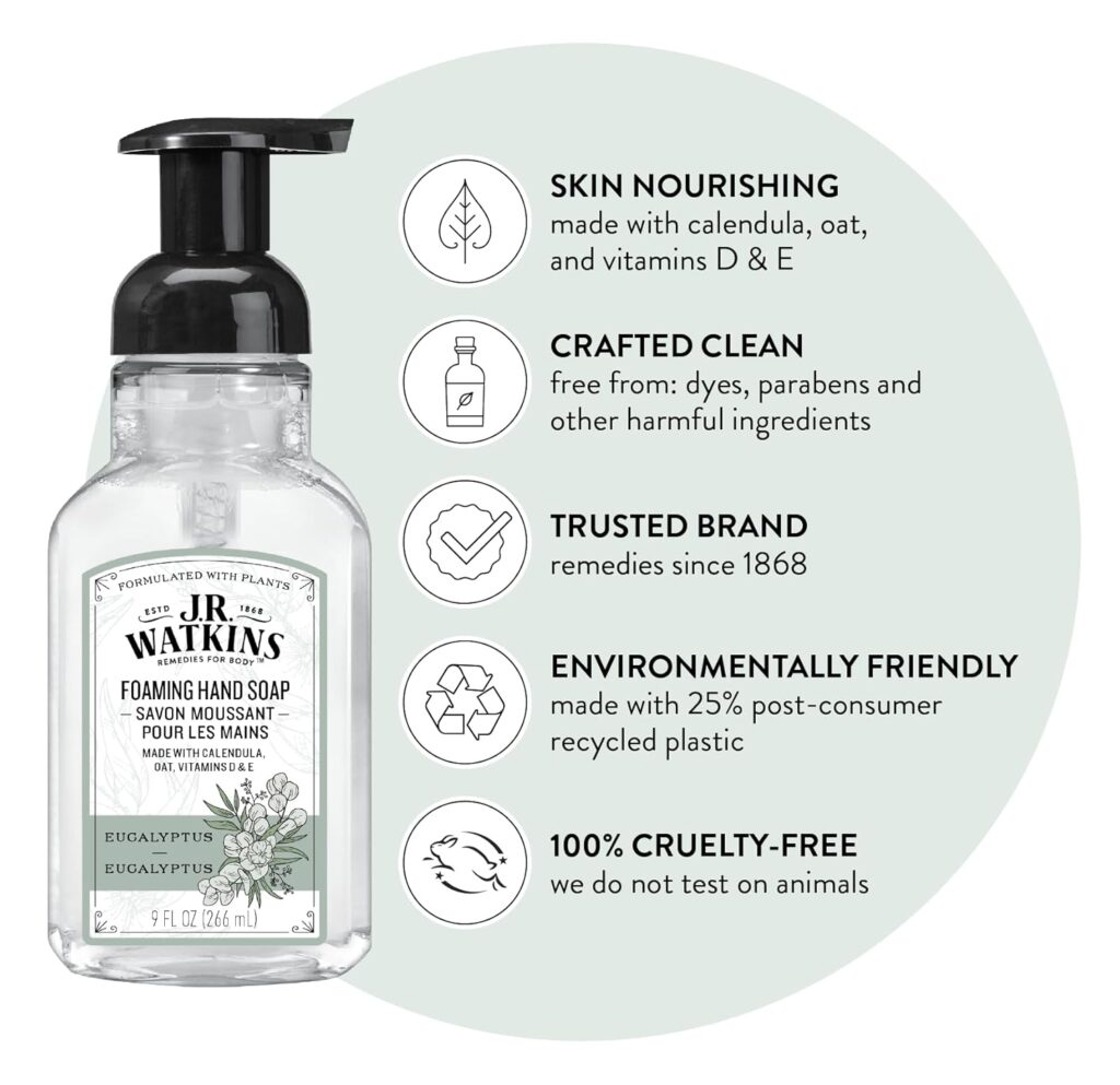 J.R. Watkins Foaming Hand Soap Pump with Dispenser, Moisturizing Hand Soap Foam, Alcohol-Free, Cruelty-Free, , Use for Kitchen or Bathroom, Eucalyptus, 9 fl oz,3 Pack J.R. Watkins Foaming Hand Soap Pump with Dispenser, Moisturizing Hand Soap Foam, Alcohol-Free, Cruelty-Free, , Use for Kitchen or Bathroom, Eucalyptus, 9 fl oz,3 Pack