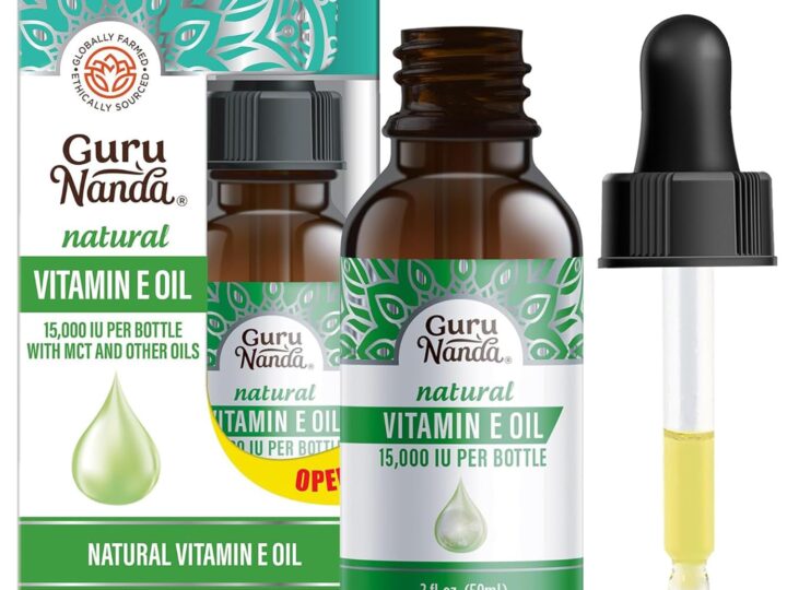 Guru Nanda Vitamin E Oil, 2 Fl Oz Pure & Natural, 15,000 IU per Bottle, for Skin, Hair, Face, Nails & Scars, With Coconut Oil to Help Nourish & Moisture, Non-GMO & Vegan