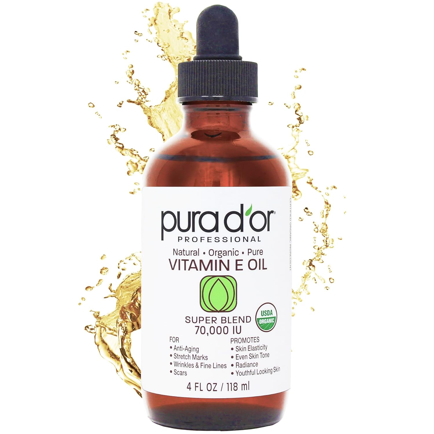 PURA D'OR 4 Oz ORGANIC Vitamin E Oil Blend 70,000 IU - 100% Natural Hexane Free, Sweet Almond, Apricot, Jojoba, Argan, Rosehip, Sunflower & Avocado Bath Oil For Scars, Skin, Face & Full Body PURA D’OR 4 Oz ORGANIC Vitamin E Oil Blend 70,000 IU – 100% Natural Hexane Free, Sweet Almond, Apricot, Jojoba, Argan, Rosehip, Sunflower & Avocado Bath Oil For Scars, Skin, Face & Full Body