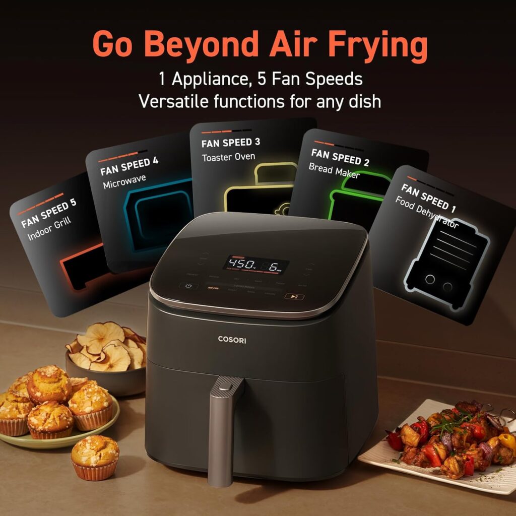 COSORI TurboBlaze Air Fryer: COSORI Air Fryer 9-in-1, Compact & Large 6-Qt, Fast Turbo Modes, 90–450°F Precise Heat for Even Results, Up to 95% Less Oil*, Roast, Bake, Dry, Reheat, Frozen, Broil, Proof, 120V, TurboBlaze, Grey COSORI TurboBlaze Air Fryer: COSORI Air Fryer 9-in-1, Compact & Large 6-Qt, Fast Turbo Modes, 90–450°F Precise Heat for Even Results, Up to 95% Less Oil*, Roast, Bake, Dry, Reheat, Frozen, Broil, Proof, 120V, TurboBlaze, Grey