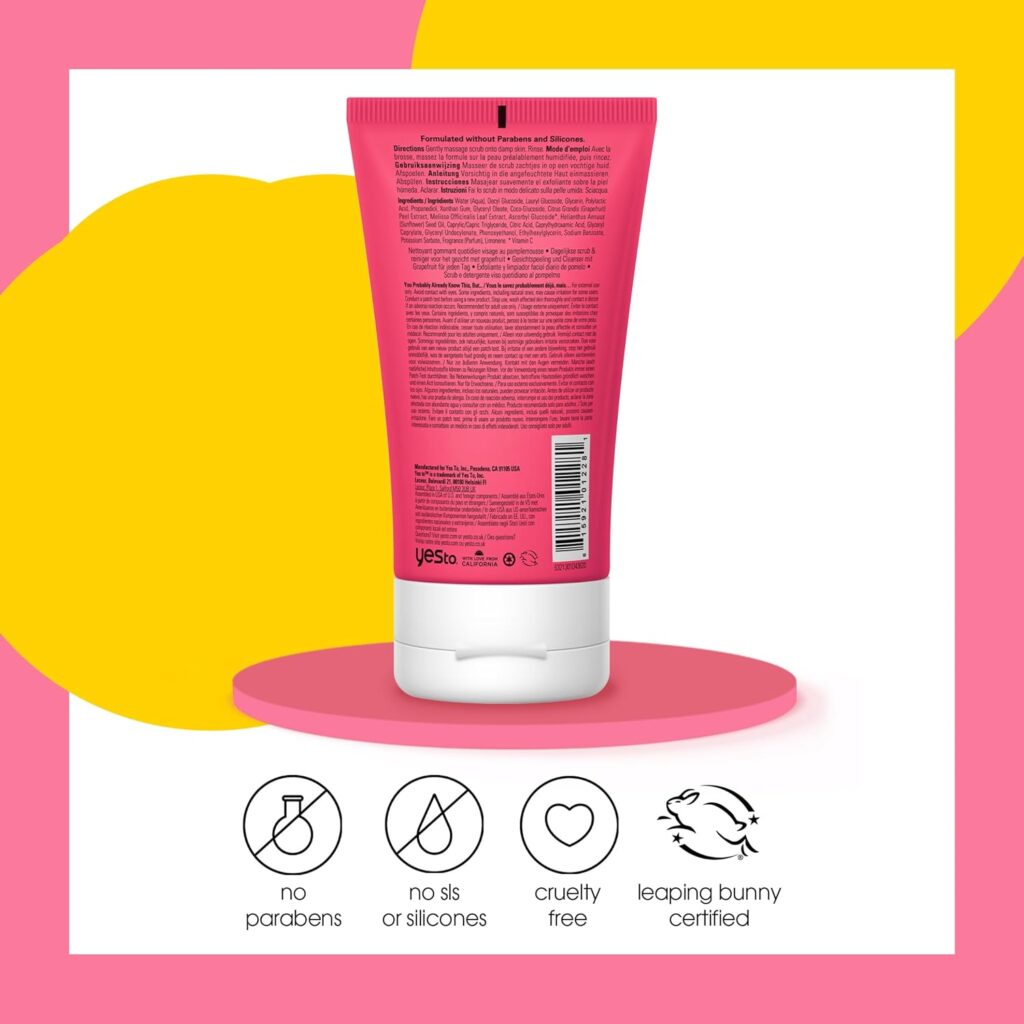 Yes To Grapefruit Daily Facial Scrub & Cleanser, Exfoliating & Restoring Cleanser That Enhances Skins Radiance, With Antioxidants, Lemon Balm Extract, & Vitamin C, Natural, Vegan & Cruelty Free, 4 Oz Yes To Grapefruit Daily Facial Scrub & Cleanser, Exfoliating & Restoring Cleanser That Enhances Skins Radiance, With Antioxidants, Lemon Balm Extract, & Vitamin C, Natural, Vegan & Cruelty Free, 4 Oz