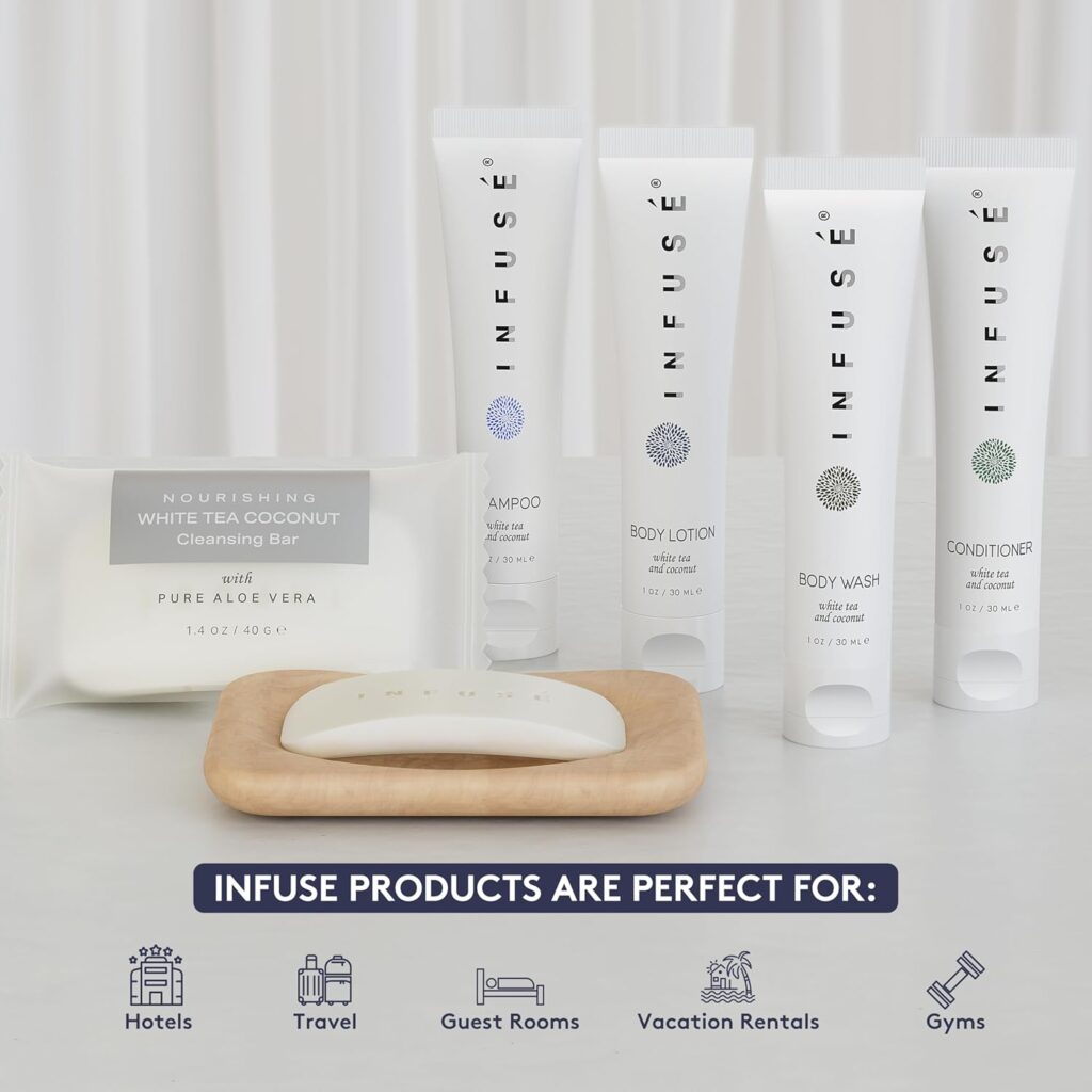 Infuse Pure White Tea and Coconut Hotel Soaps and Toiletries Bulk Set | 1-Shoppe All-In-Kit for Airbnb | 1oz Shampoo & Conditioner, Body Wash, Lotion & 1.25oz Bar Soap | Travel Size 150 Pieces Infuse Pure White Tea and Coconut Hotel Soaps and Toiletries Bulk Set | 1-Shoppe All-In-Kit for Airbnb | 1oz Shampoo & Conditioner, Body Wash, Lotion & 1.25oz Bar Soap | Travel Size 150 Pieces