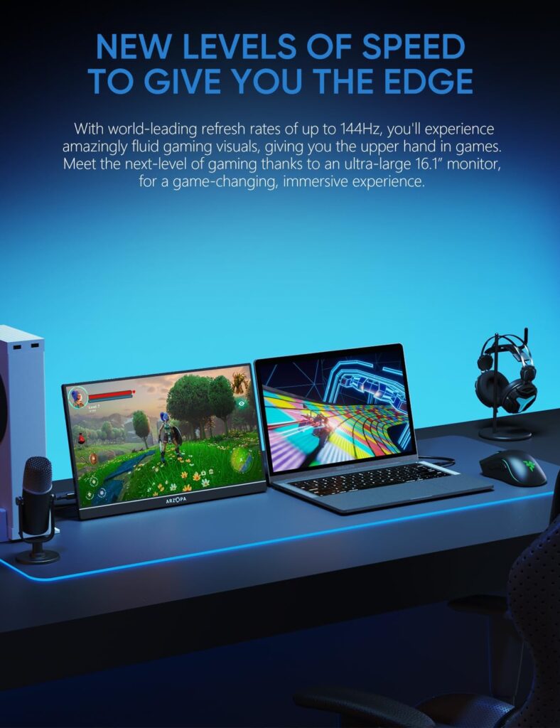 ARZOPA 16.1'' 144Hz Portable Gaming Monitor, 106% sRGB 1080P FHD Kickstand Portable Monitor with HDR, Ultra Slim, Eye Care, External Second Screen for Laptop, PC, PS5, Mac, Xbox-Z1FC ARZOPA 16.1'' 144Hz Portable Gaming Monitor, 106% sRGB 1080P FHD Kickstand Portable Monitor with HDR, Ultra Slim, Eye Care, External Second Screen for Laptop, PC, PS5, Mac, Xbox-Z1FC