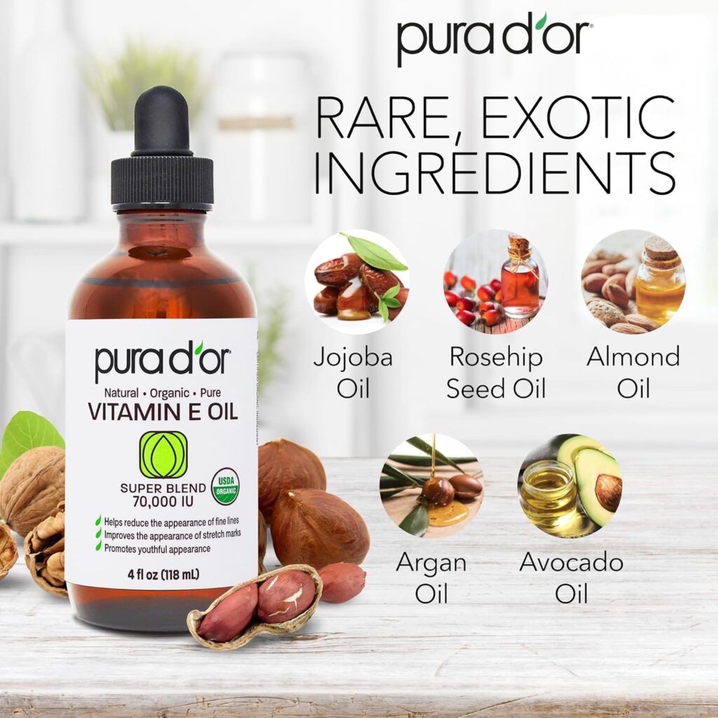 PURA D'OR 4 Oz ORGANIC Vitamin E Oil Blend 70,000 IU - 100% Natural Hexane Free, Sweet Almond, Apricot, Jojoba, Argan, Rosehip, Sunflower & Avocado Bath Oil For Scars, Skin, Face & Full Body PURA D'OR 4 Oz ORGANIC Vitamin E Oil Blend 70,000 IU - 100% Natural Hexane Free, Sweet Almond, Apricot, Jojoba, Argan, Rosehip, Sunflower & Avocado Bath Oil For Scars, Skin, Face & Full Body