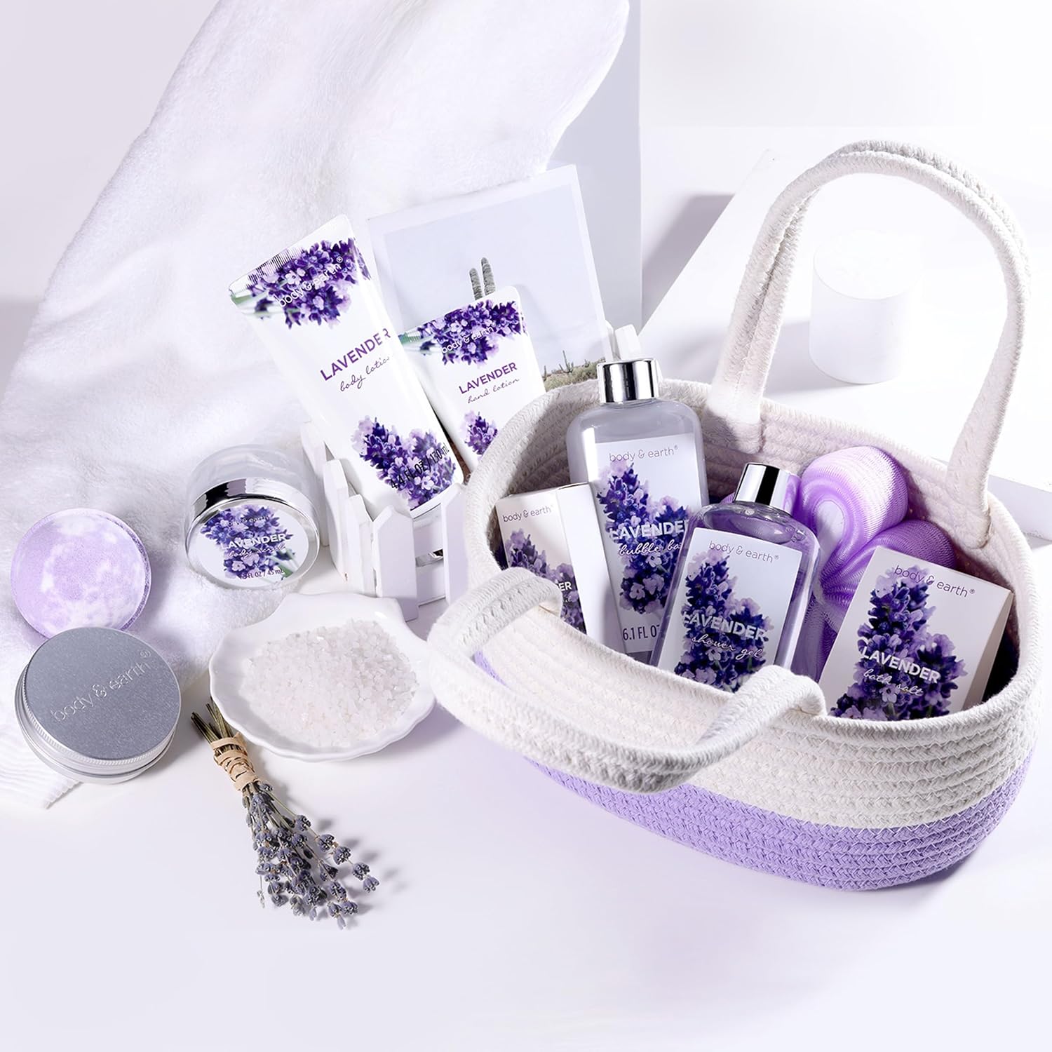 Spa Gift Baskets for Women – Body & Earth 11pcs Lavender Gift Sets with Bubble Bath, Shower Gel, Body Lotion, Birthday Gifts for Women, Spa Kit for Mom Gifts, Purple Gifts