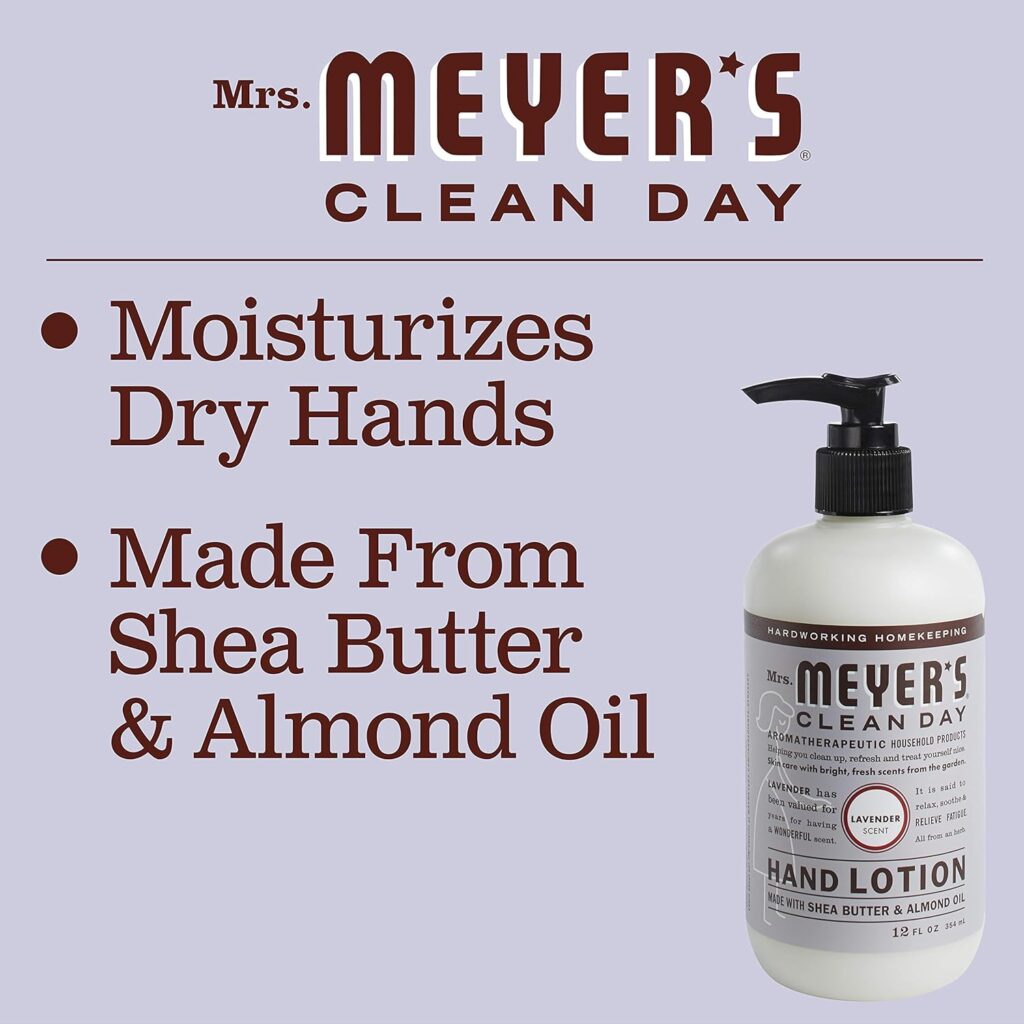 MRS. MEYER'S CLEAN DAY Hand Lotion for Dry Hands, Non-Greasy Moisturizer Made with Essential Oils, Lavender, 12 oz MRS. MEYER'S CLEAN DAY Hand Lotion for Dry Hands, Non-Greasy Moisturizer Made with Essential Oils, Lavender, 12 oz