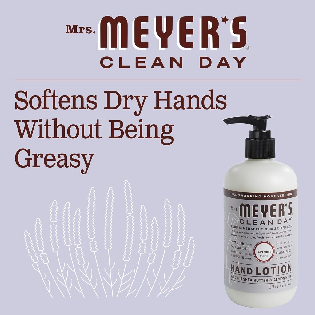 MRS. MEYER'S CLEAN DAY Hand Lotion for Dry Hands, Non-Greasy Moisturizer Made with Essential Oils, Lavender, 12 oz MRS. MEYER'S CLEAN DAY Hand Lotion for Dry Hands, Non-Greasy Moisturizer Made with Essential Oils, Lavender, 12 oz