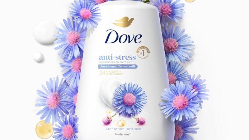 Dove Body Wash with Pump 3 Count Anti-Stress Blue Chamomile & Oat Milk, for 24hr Lotion-Soft Skin Moisturizing Skin Cleanser with No Sulfates No Parabens