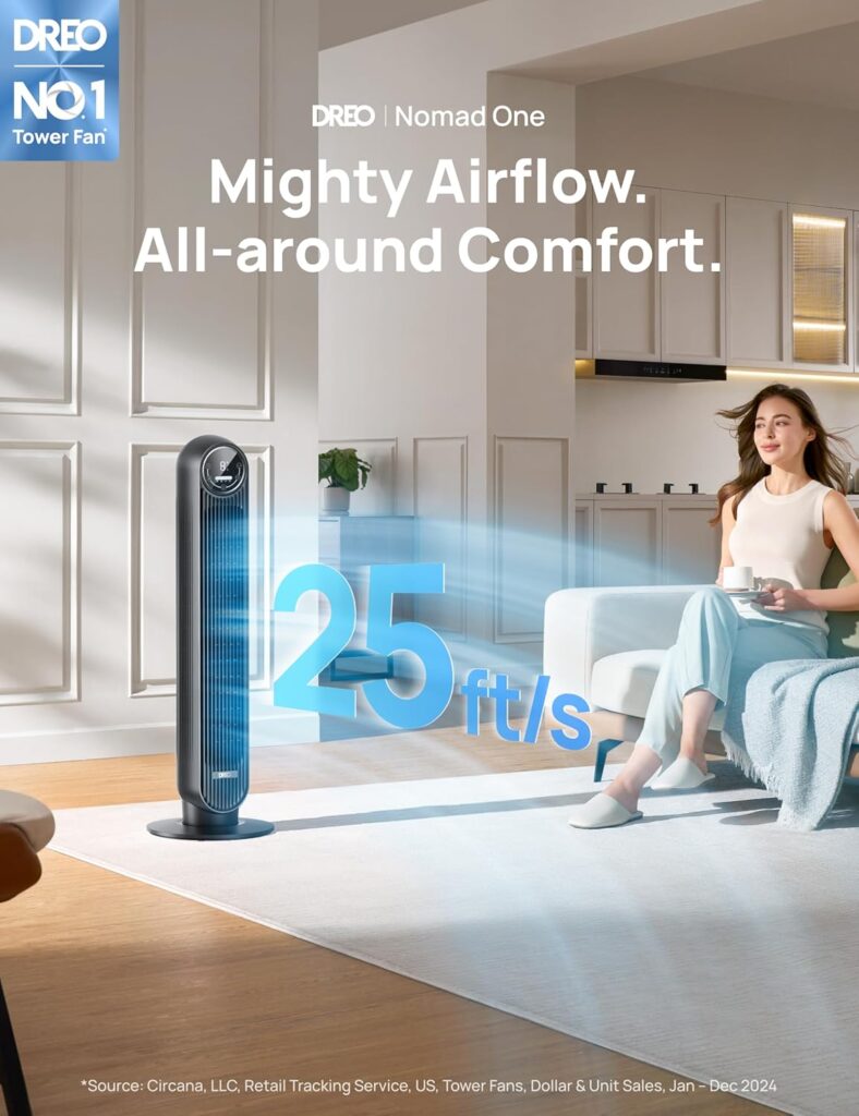 Dreo Nomad One Tower Fan for Bedroom, 25ft/s Velocity 28dB Quiet Floor Fan, 90° Oscillating Fans for Indoors with 4 Speeds, 4 Modes, 8H Timer, Bladeless Standing Fan, Black, Nomad One (DR-HTF007) Dreo Nomad One Tower Fan for Bedroom, 25ft/s Velocity 28dB Quiet Floor Fan, 90° Oscillating Fans for Indoors with 4 Speeds, 4 Modes, 8H Timer, Bladeless Standing Fan, Black, Nomad One (DR-HTF007)