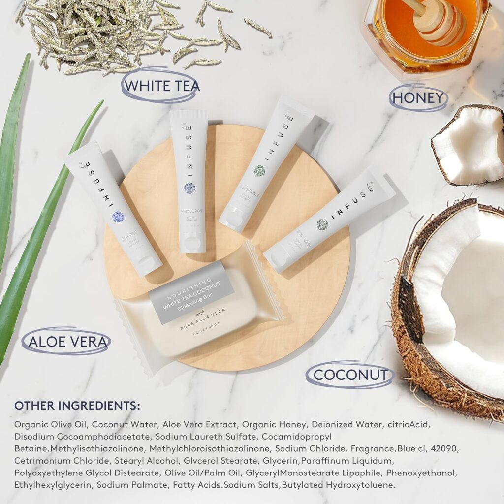 Infuse Pure White Tea and Coconut Hotel Soaps and Toiletries Bulk Set | 1-Shoppe All-In-Kit for Airbnb | 1oz Shampoo & Conditioner, Body Wash, Lotion & 1.25oz Bar Soap | Travel Size 150 Pieces Infuse Pure White Tea and Coconut Hotel Soaps and Toiletries Bulk Set | 1-Shoppe All-In-Kit for Airbnb | 1oz Shampoo & Conditioner, Body Wash, Lotion & 1.25oz Bar Soap | Travel Size 150 Pieces