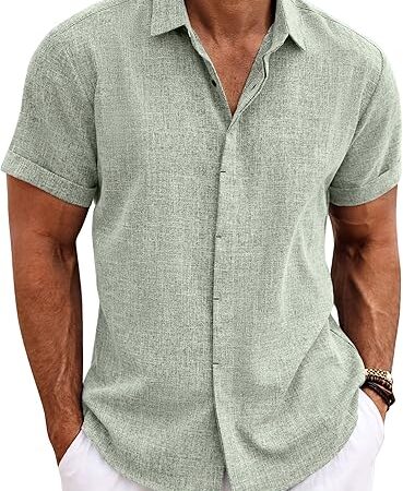 The COOFANDY Men’s Linen Shirt is a stylish and breathable short-sleeve option perfect for casual, beach, or summer wedding occasions. Here’s a detailed breakdown of its features: