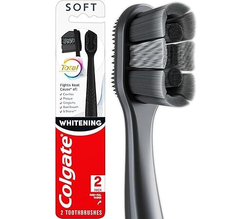 Colgate Total Active Prevention Soft Bristle Whitening Toothbrushes, Soft Toothbrush with Charcoal Infused Bristles, Helps Whiten and Reaches Deeper Along The Gumline and Between Teeth, Black, 2 Pack