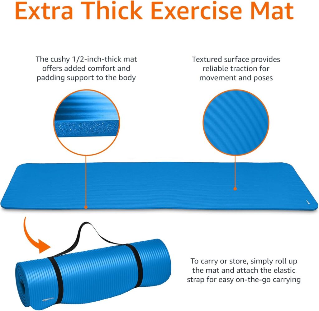 Amazon Basics 1/2 Inch Extra Thick Exercise Yoga Mat with Carrying Strap, Cushioned Support, for Fitness and Gym Workouts Amazon Basics 1/2 Inch Extra Thick Exercise Yoga Mat with Carrying Strap, Cushioned Support, for Fitness and Gym Workouts