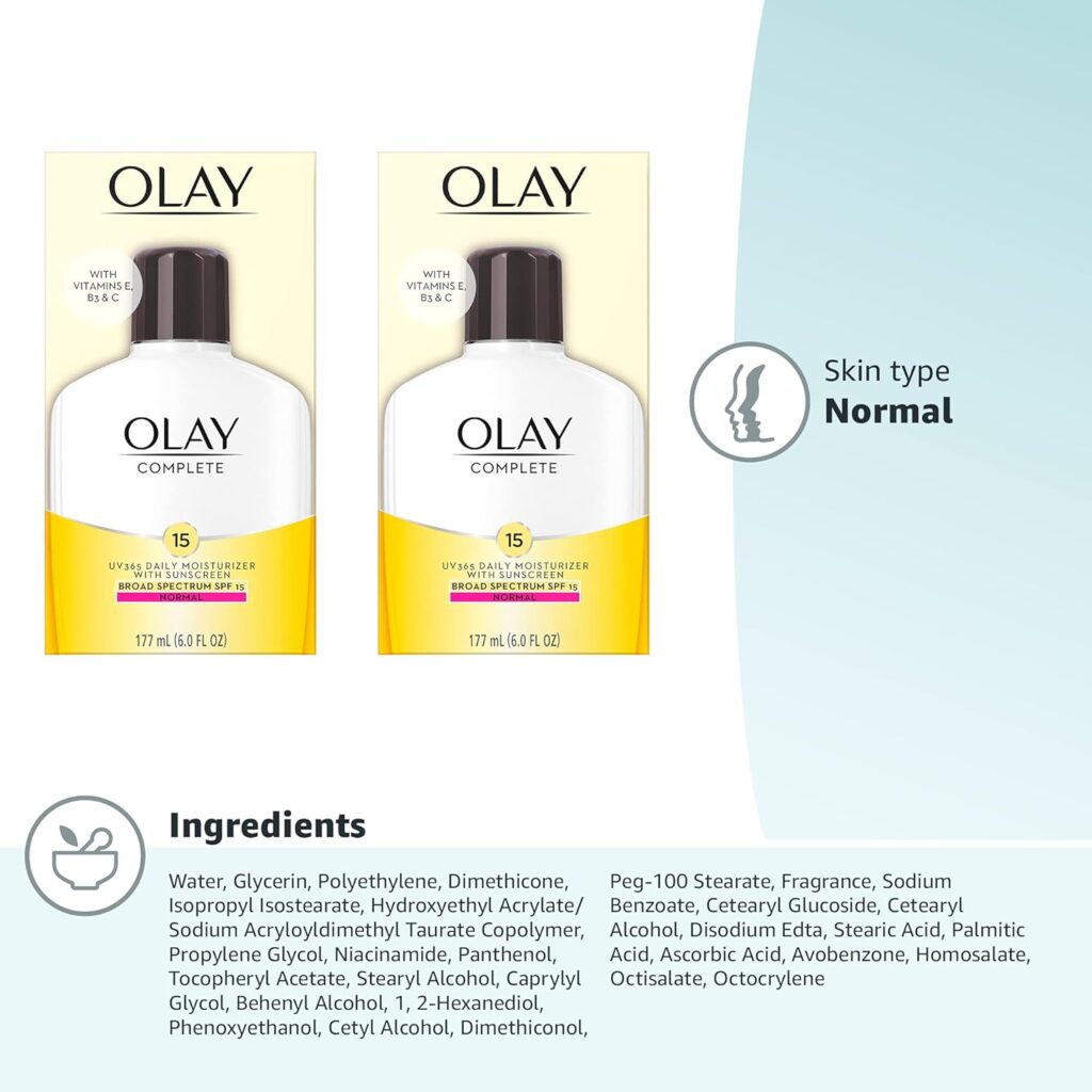 Olay Face Moisturizer with SPF 15, Daily Facial Lotion for Normal Skin, Lightweight Hydrating Broad Spectrum Sun Protection - Vitamin C, E, and Niacinamide - 6 Oz 2 Pack Olay Face Moisturizer with SPF 15, Daily Facial Lotion for Normal Skin, Lightweight Hydrating Broad Spectrum Sun Protection - Vitamin C, E, and Niacinamide - 6 Oz 2 Pack