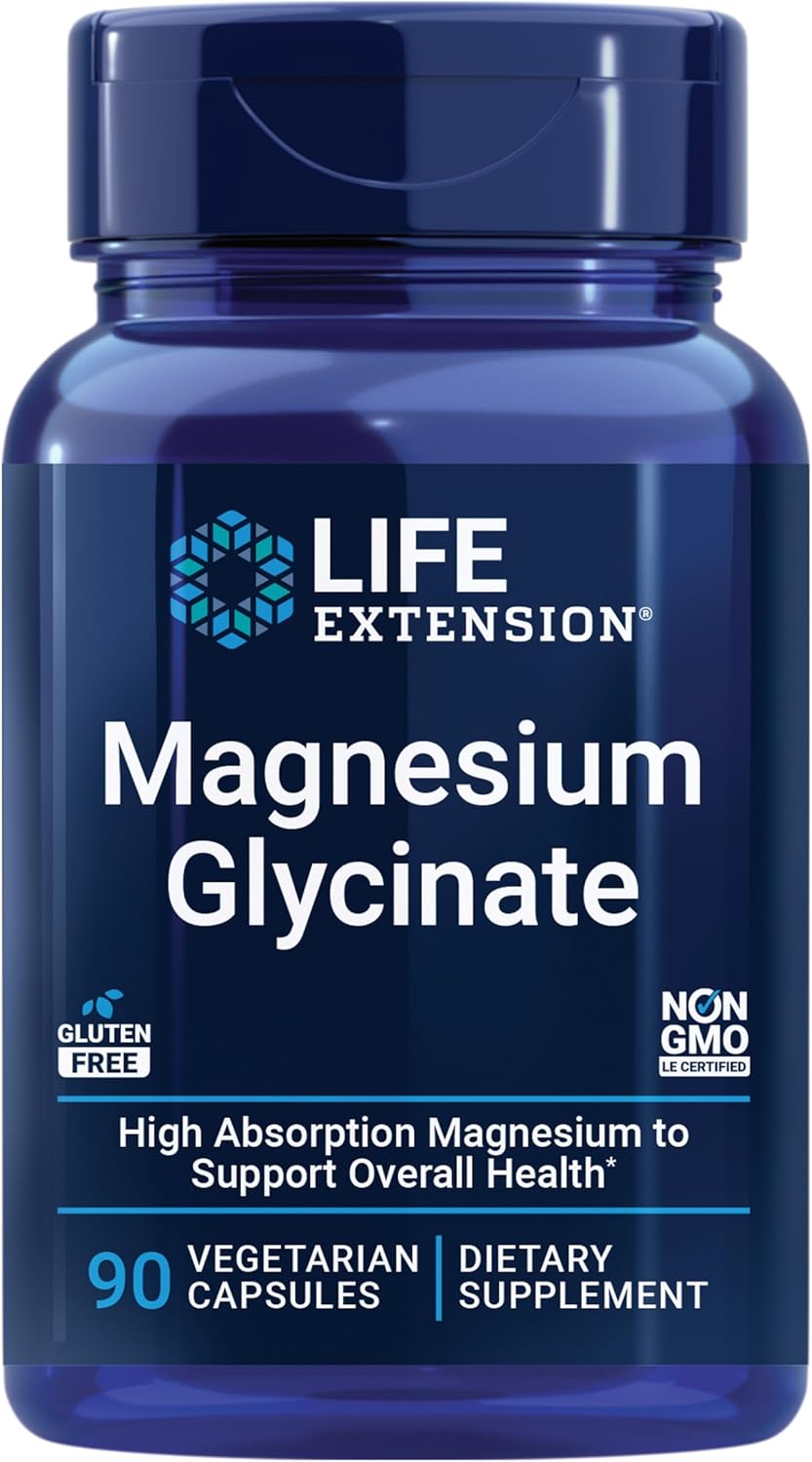 Life Extension Magnesium Glycinate, Heart Health, Bone Health, Nerve and Muscle Support, Highly absorbable, Gluten-Free, Non-GMO, Vegetarian, 90 Capsules Life Extension Magnesium Glycinate, Heart Health, Bone Health, Nerve and Muscle Support, Highly absorbable, Gluten-Free, Non-GMO, Vegetarian, 90 Capsules