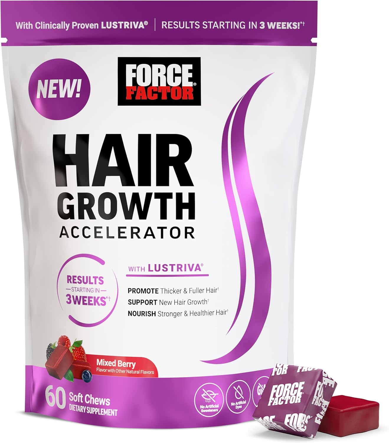 Force Factor Hair Growth Accelerator Soft Chews, Hair Growth Vitamins for Women and Men with Clinically Proven Lustriva and Biotin to Promote Thicker, Fuller, Stronger Hair, Mixed Berry, 60 Soft Chews Force Factor Hair Growth Accelerator Soft Chews, Hair Growth Vitamins for Women and Men with Clinically Proven Lustriva and Biotin to Promote Thicker, Fuller, Stronger Hair, Mixed Berry, 60 Soft Chews