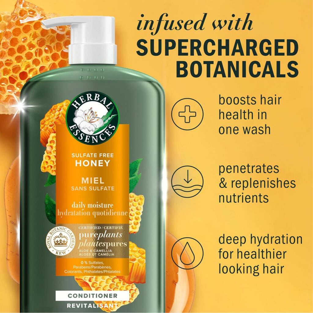 Herbal Essences Honey & Vitamin B Daily Moisture Conditioner, Protects and Nourishes Dry Hair, Hydrating Conditioner with Certified Camellia Oil and Aloe Vera, Moisturizing and Safe For All Hair Types, 33.8oz
