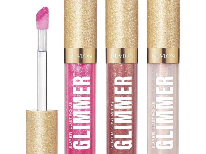 REVLON Super Lustrous Glimmer Gloss Gift Set, 3-Piece, Non-Sticky Lip Makeup, Plant-Based Glitter, High-Shine Finish, 008 Rose Glow, 005 Glazed Almond 001 Diamond Drama