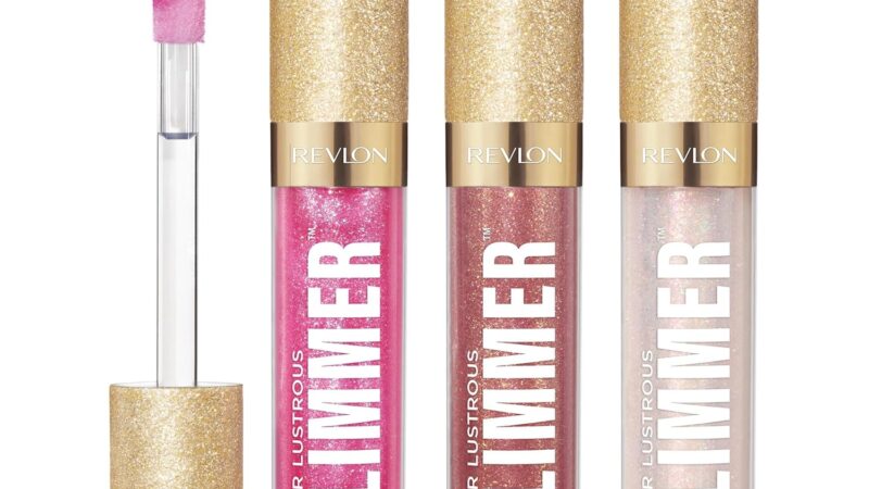 REVLON Super Lustrous Glimmer Gloss Gift Set, 3-Piece, Non-Sticky Lip Makeup, Plant-Based Glitter, High-Shine Finish, 008 Rose Glow, 005 Glazed Almond 001 Diamond Drama